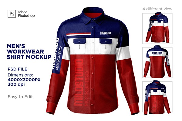【PS样机】男士工装工作服衬衫模型PSD样机模板 Men’s workwear shirt set mockup