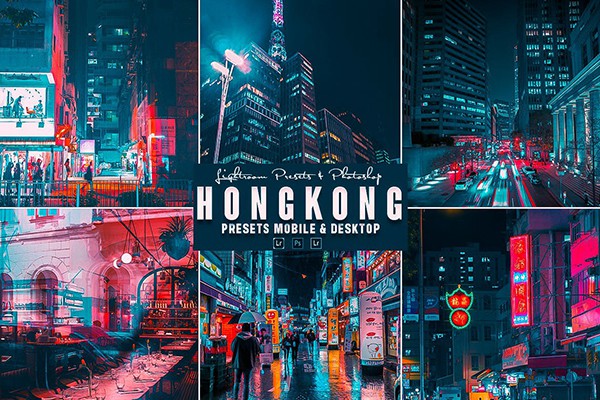 【LR预设】3款港风夜景城市街道建筑灯光调色Lightrom预设PS动作 Hongkong  PS Action & Lightroom Presets