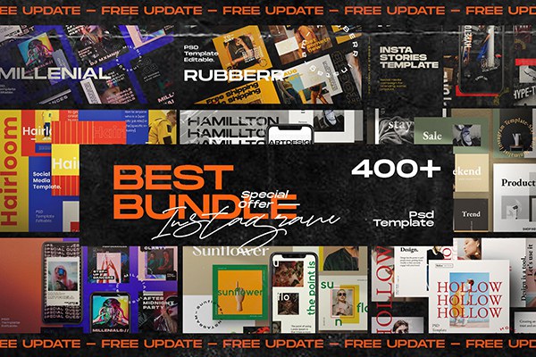 【PSD模板】14套400+潮流新媒体Ins社交平台品牌推广设计素材PS模板合集 Best Bundle INSTAGRAM Media Kit