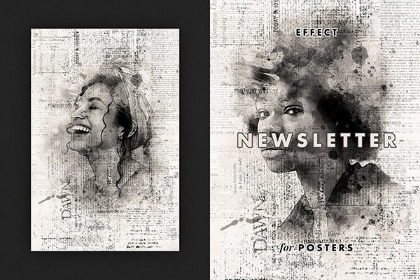 【PSD模板】复古印刷风格海报效果PSD特效模板一键替换智能对象 Newsletter Photo Effect for Posters