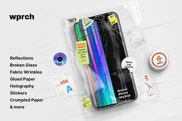 【PS样机】全息纹理反射褶皱破损玻璃透明镭射塑料贴纸裂缝效果包装样机 WPRCH – Assets and Mockups