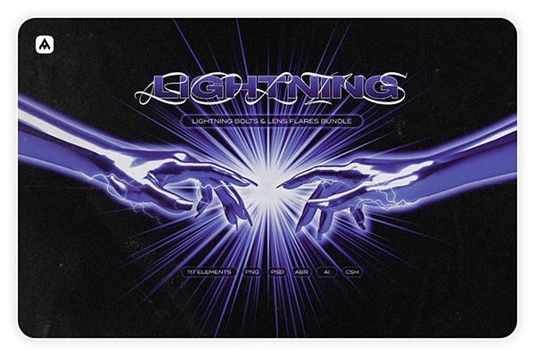 【矢量素材】117个雷击闪电镜头光线光晕效果矢量图片PS形状笔刷设计素材 Lightning bolts & lens flares bundle