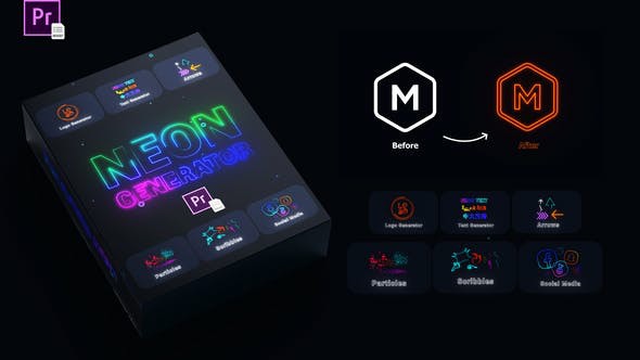 【PR模板】52款霓虹发光文字标题LOGO徽标动画生成模板 Neon Generator Toolkit