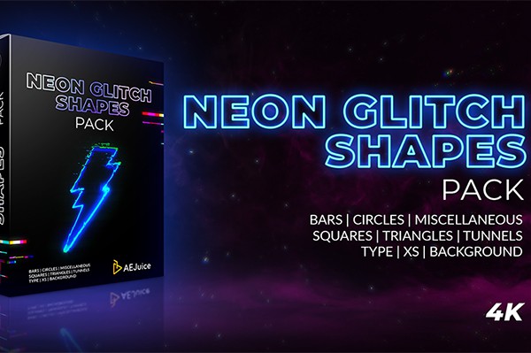 【4K视频素材】72组赛博朋克霓虹发光图形故障闪烁循环动画 AEJuice – Neon Glitch Shapes