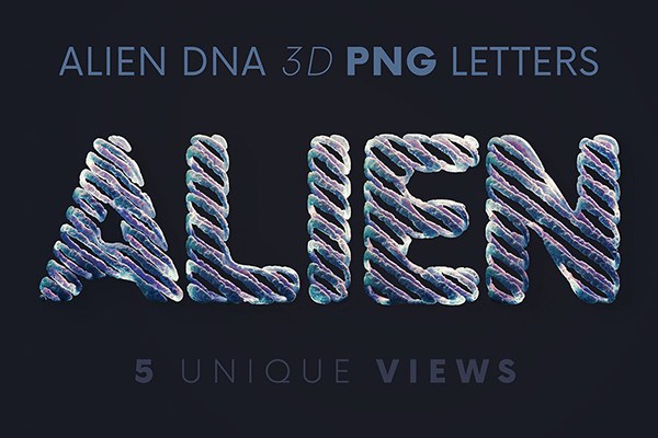 【PNG素材】44张外星人DNA基因链科学图形组合3D字母PNG素材 Alien DNA Science – 3D Lettering