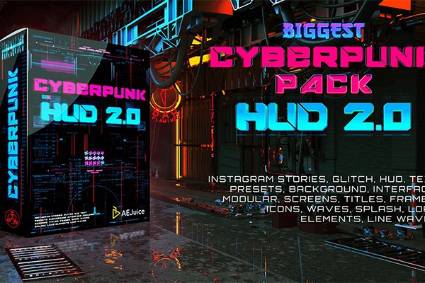 【AEPR模板/视频素材】未来科幻赛博朋克图形元素文字标题背景动画AEPR模板+视频素材 AEJuice – Cyberpunk HUD V2