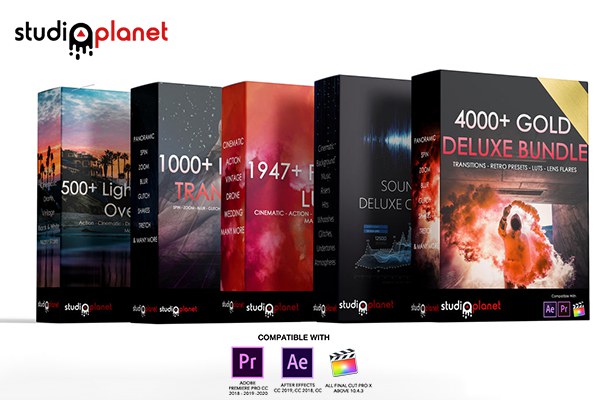 【视频素材】4000组超值豪华包转场模板插件LUTS调色预设音效炫光VHS特效视频叠加素材 Studio Planet – 4000+ Gold Deluxe Bundle Collection