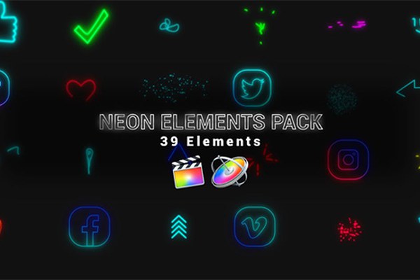 【FCPX插件】39个霓虹发光元素图形动画 Neon Elements Pack