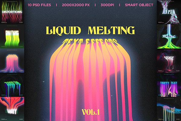 【PSD模板】10种抽象魔幻液体融化文字特效PSD模板 Liquid Melting Text effects Vol.1