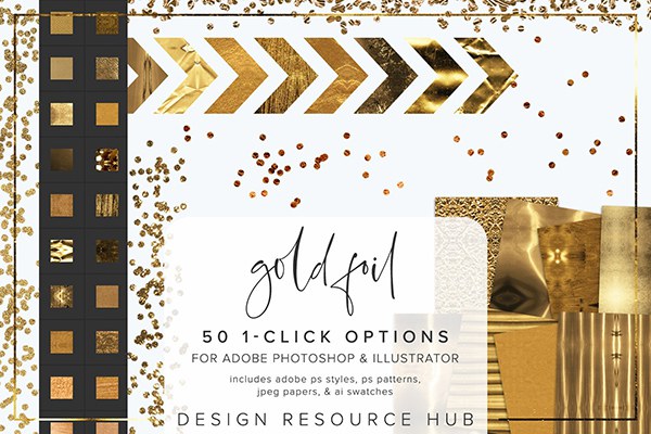 【PS样式】50种金箔纸纹理图案文本样式AI色板设计素材 Gold Foil Photoshop Style Pack