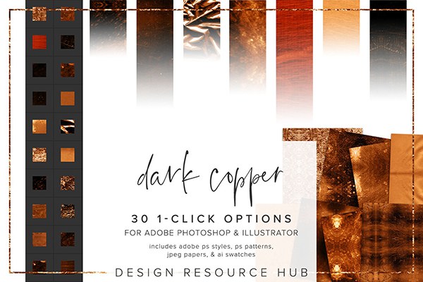 【PS样式】30种深色金属铜纹理图案文本样式AI色板设计素材 Dark Copper Photoshop Layer Styles