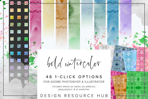 【PS样式】46种水彩画纹理图案文本样式AI色板设计素材 Bold Watercolor PS Styles