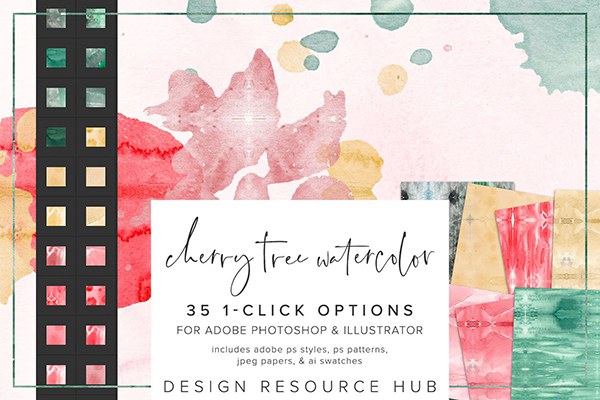 【PS样式】35种樱花水彩画纹理图案文本样式AI色板设计素材 Cherry Tree Watercolor PS Styles