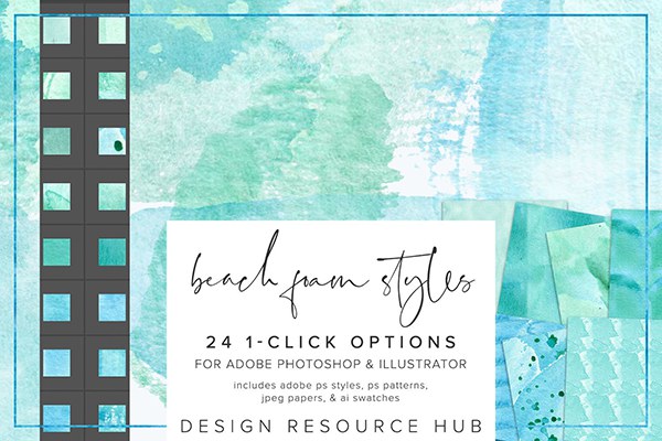 【PS样式】24种海滩泡沫水彩图层样式纹理图案AI色板设计素材 Beach Foam Watercolor Layer Styles