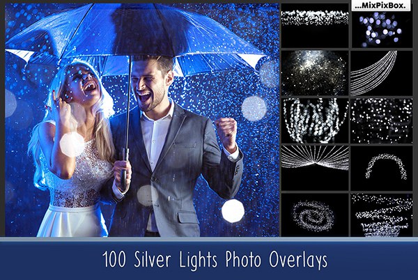 【图片素材】100张璀璨闪亮银色光斑粒子照片叠加合成素材 100 Silver Lights Photo Overlays