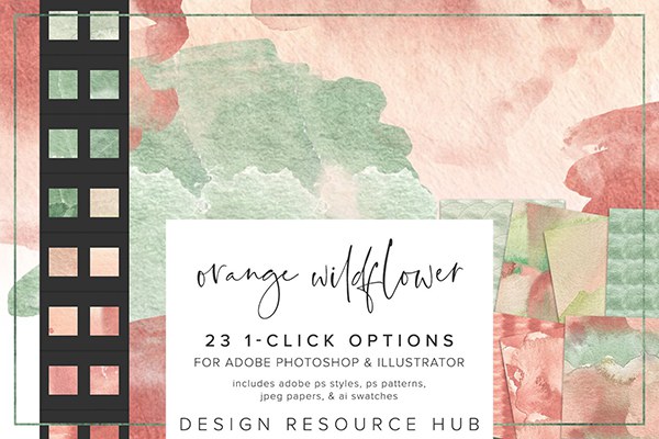 【PS样式】23种橙色野花水彩纹理图案文本样式AI色板设计素材 Orange Wildflower Photoshop Styles