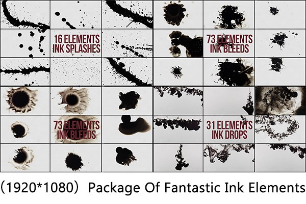 【视频素材】120个水墨滴落飞溅扩散渗透动画视频素材 Package Of Fantastic Ink Elements