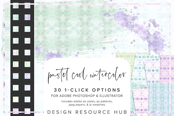 【PS样式】30种淡雅柔和水彩纹理图案文本样式AI色板设计素材 Pastel Cool Watercolor PS Styles