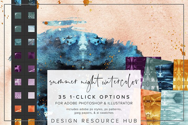【PS样式】35种夏日夜晚水彩画纹理图案文本样式AI色板设计素材 Summer Night Watercolor PS Styles