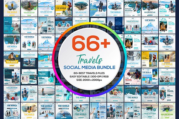 【PSD模板】66+旅游出行INS社交媒体旅行社宣传海报展板PSD设计素材 Social Media Travels Template Bundle