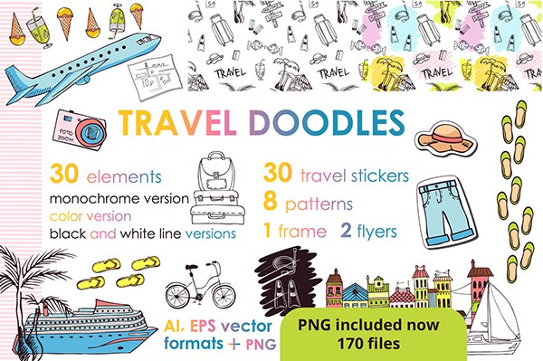 【矢量素材】170+手绘涂鸦图案旅游出行元素插画设计矢量素材 Let’s Travel Doodles. Big Set