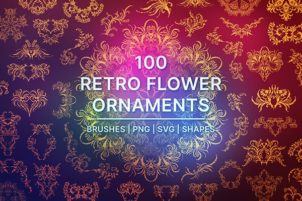 【图片素材】100个复古花纹装饰纹理无缝图案笔刷设计素材 100 Retro Flower Ornaments