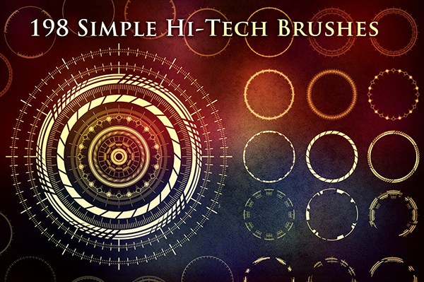 【PS笔刷】198种简单的未来派圆形圆环图案PS笔刷图片设计素材 198 Simple Futuristic Circle Brushes
