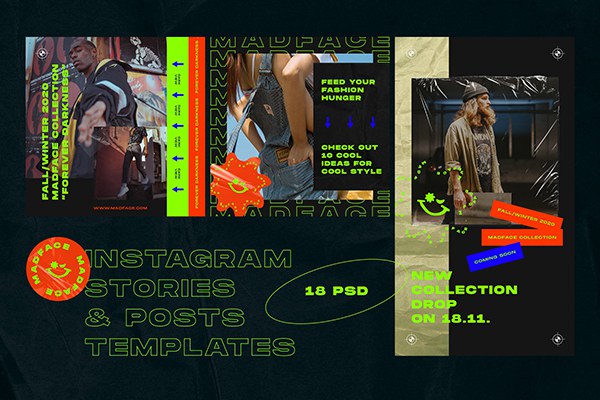 【PSD模板】18款潮流INS风媒体杂志封面故事文字排版PSD模板 Madface – Instagram Posts&Stories