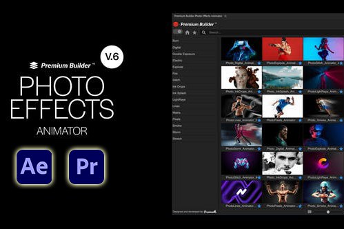 【AE/PR脚本】图像拖尾粒子破碎消散汇聚遮罩燃烧火焰线条视觉特效 Photo Effects Animator v6