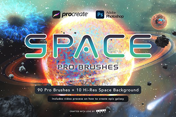 【PS笔刷】90个太空银河宇宙星球星云PS笔刷Procreate笔刷和图片素材 Space Pro Galaxy Brushes