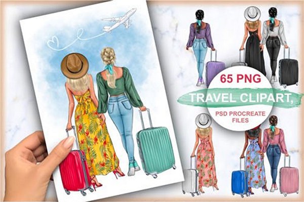 【图片素材】60+旅行出游水彩漫画创作剪贴素材PNG图片素材 60+ Travel Cliparts for Photoshop & Procreate