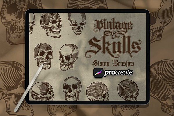 【Procreate笔刷】10个适用于Ipad绘画的复古骷髅魔鬼头像Procreate笔刷 Vintage Skull Brush Stamp