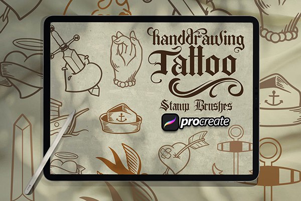 【Procreate笔刷】10个适用于Ipad绘画的复古纹身手绘图案Procreate笔刷 Hand Drawing Tattoos Brush Stamp