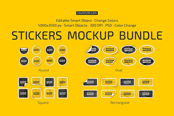【PS样机】32个圆形椭圆方形矩形贴纸标签不干胶便利贴PSD模型样机合集 Stickers Mockup Bundle
