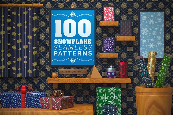 【矢量素材】100个冬季雪花几何图形无缝印花图案矢量素材 100 Snowflake Seamless Patterns BF