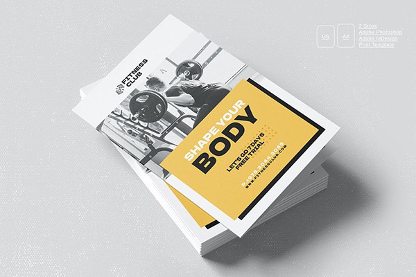 【PSD模板】健身房宣传广告传单双折页设计PSD模板Idesign模板 Fitness Bifold Brochure