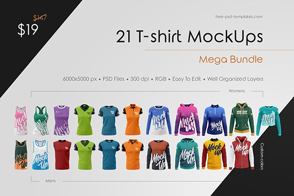 【PS样机】16套男士女士连帽衫长袖短袖无袖背心T恤PSD模型样机 T Shirt Mockup Bundle