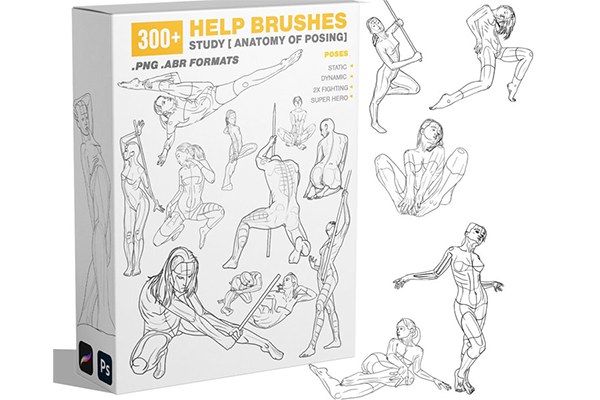 【PS笔刷】300个人体姿势动作剖析艺术线条素描绘画PS笔刷 300 Help Brushes Vol.2 Study