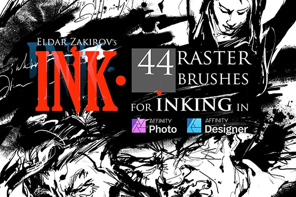 【Affinity笔刷】44种毛笔水墨水彩画墨水涂沫飞溅效果Affinity画笔笔刷 INK. Affinity Photo inking brush set