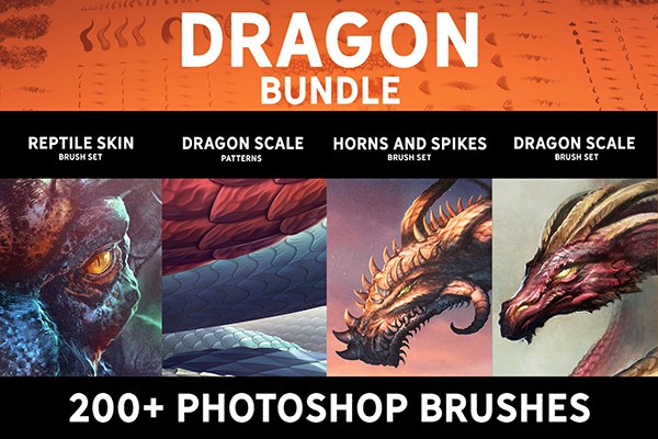 【PS笔刷】200款龙鳞纹有鳞爬行动物鳞片皮肤无缝纹理PS笔刷 Dragon Bundle