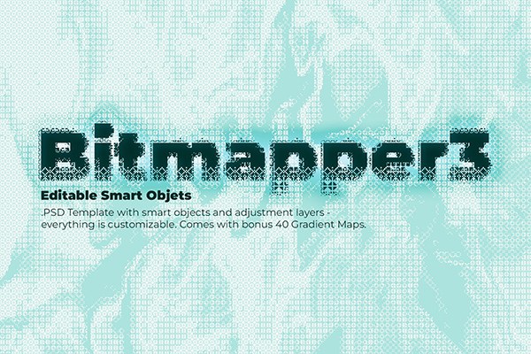 【PSD模板】复古潮流半色调老式屏幕显示像素风照片LOGO处理特效PS模板 Bitmapper 3 PSD Template