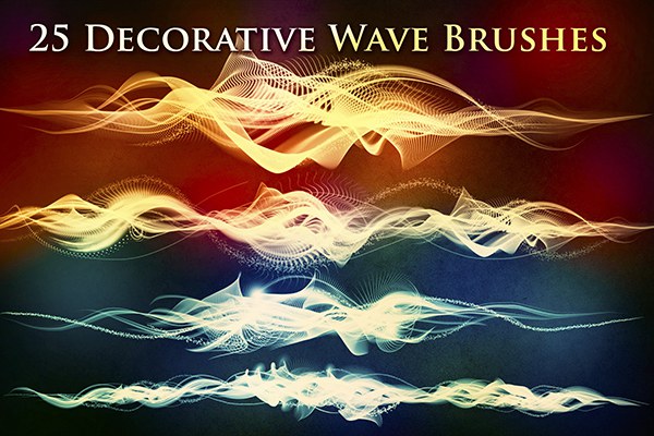 【PS笔刷】25种波浪纹抽象能量粒子线条PS笔刷图片设计素材 25 Decorative Wave Brushes