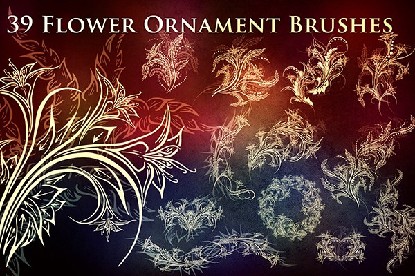 【PS笔刷】39种花卉花草装饰花边图案PS笔刷图片设计素材 39 Flower Ornament Brushes