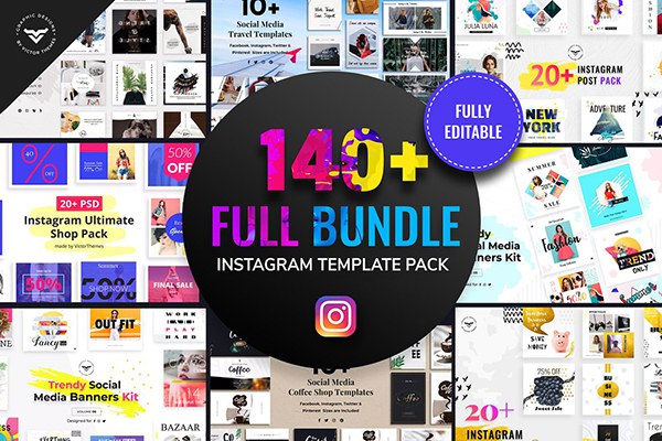 【PSD模板】140款简约时尚Instagram商务杂志企业封面促销宣传相册PSD模板 Instagram Post Templates Full Bundle