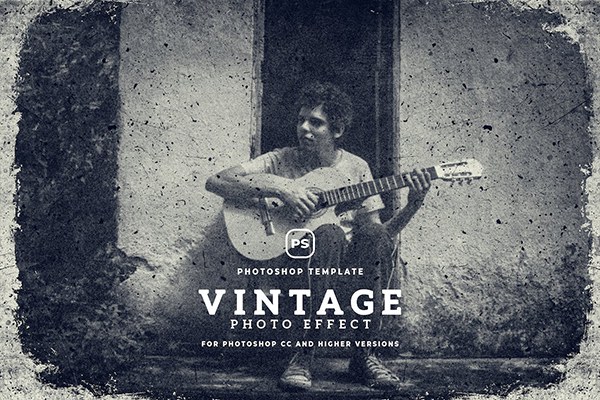 【PSD模板】复古做旧黑白老照片斑点划痕破损效果PSD特效模板 Vintage Effect Photoshop