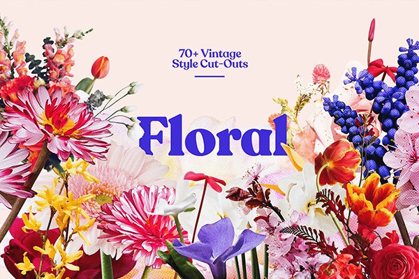 【PNG素材】71张复古半色调颗粒风格花草植物PNG剪贴素材 Studio 2am – Floral：70+ Vintage Floral Cut-Outs