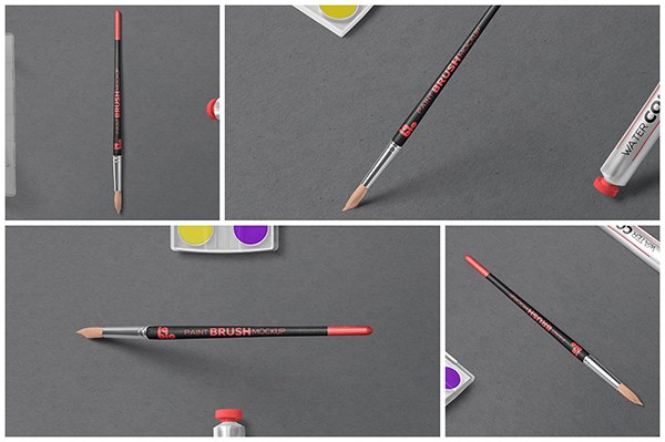 【PS样机】4个优质圆头油漆毛刷笔书法毛笔画笔办公文具展示PS样机 Round Tip Paint Brush Mockups