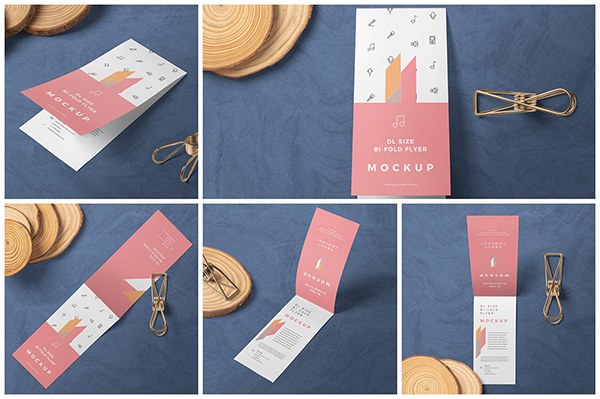 【PS样机】5个DL标准尺寸折页传单卡片设计PS展示样机 DL Size Fold Over Flyer Mockups