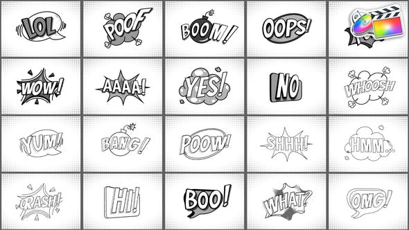 【FCPX插件】20组综艺卡通搞笑贴纸花字标题动画 Comic Titles Black And White