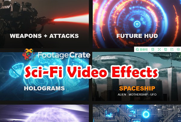 【4K视频素材】300+科幻星球未来武器飞船全息投影激光能量扫描时空穿梭HUD合成特效 Production Crate – Sci-Fi Video Effects